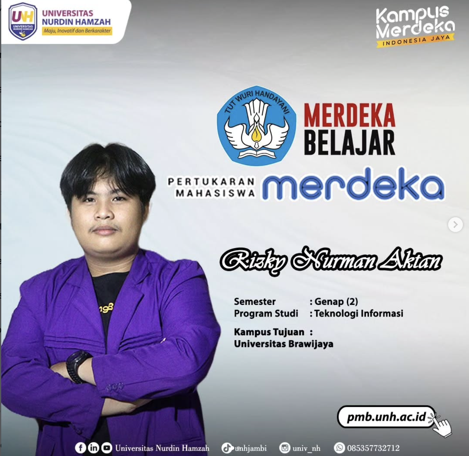 Rizky Nurman Aktan, Mahasiswa Teknosi UNH Lulus Program Pertukaran Mahasiswa Merdeka (PMM) di Universitas Brawijaya Malang 